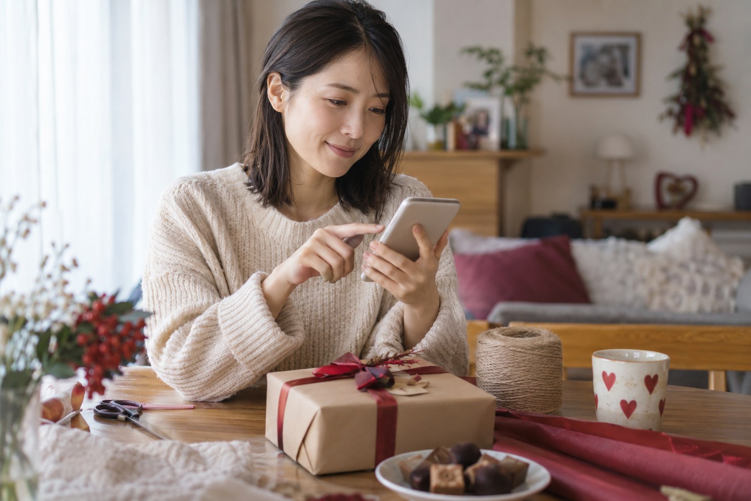 スマートフォンで受け取りの予定を確認する女性