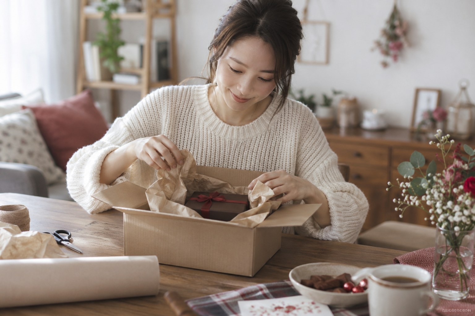 箱の中に緩衝材を入れる女性