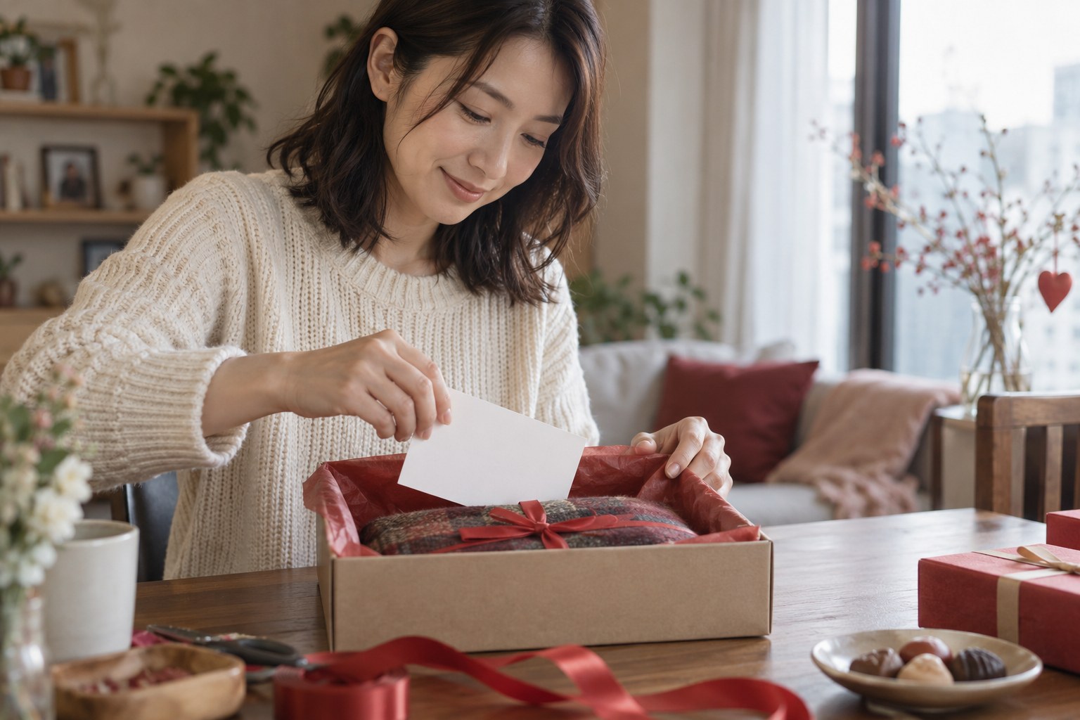 贈り物に小さなカードを添える女性