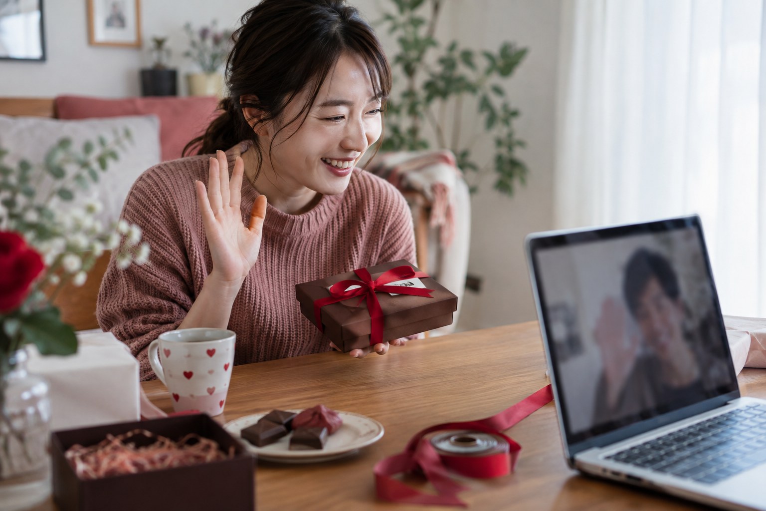 贈り物をそばに置いてビデオ通話する女性