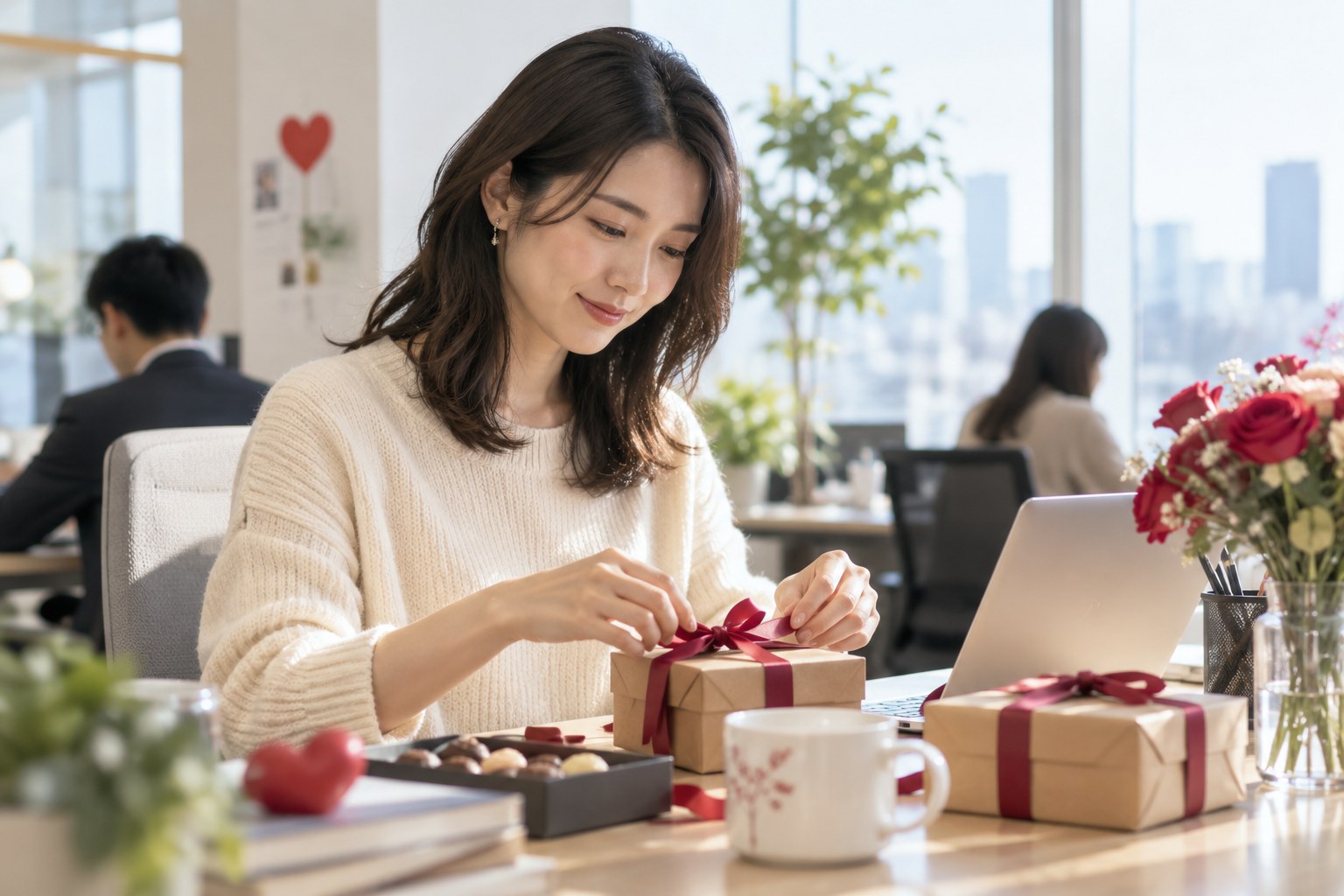 明るい机で作業をする女性